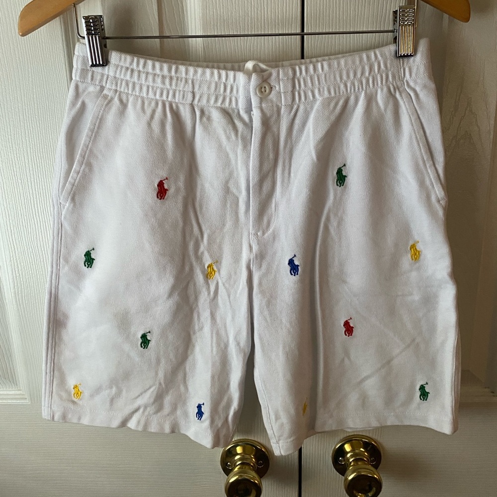 POLO Ralph Lauren White Mesh All-Over Embroidered Pony Prepster Shorts SZ L